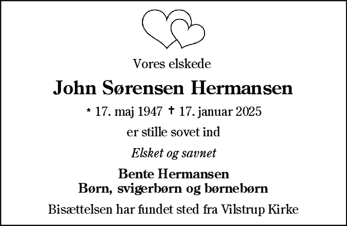 Dødsannonce for John Sørensen Hermansen