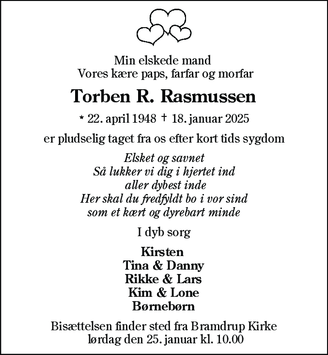 Dødsannonce for Torben Reinholdt Rasmussen