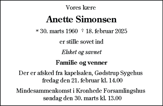 Dødsannonce for Anette Simonsen