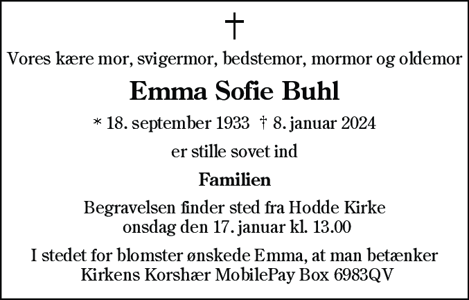 Dødsannonce for Emma Sofie Buhl