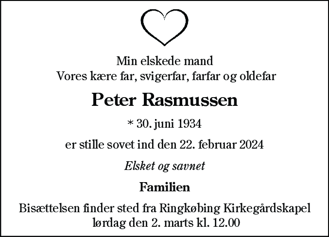 Dødsannonce for Peter Rasmussen
