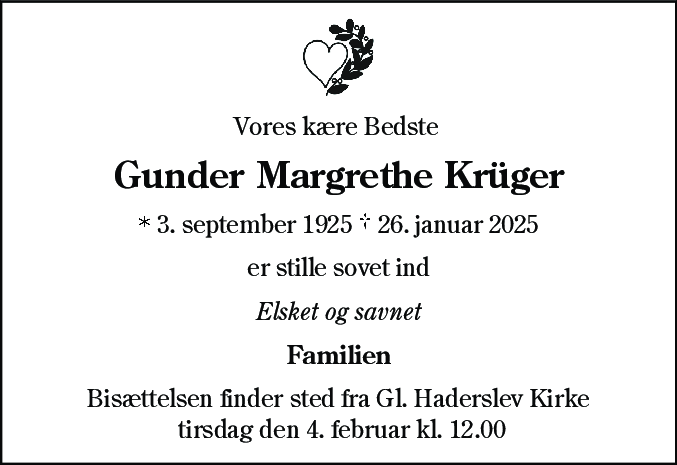 Dødsannonce for Gunder Margrethe Krüger
