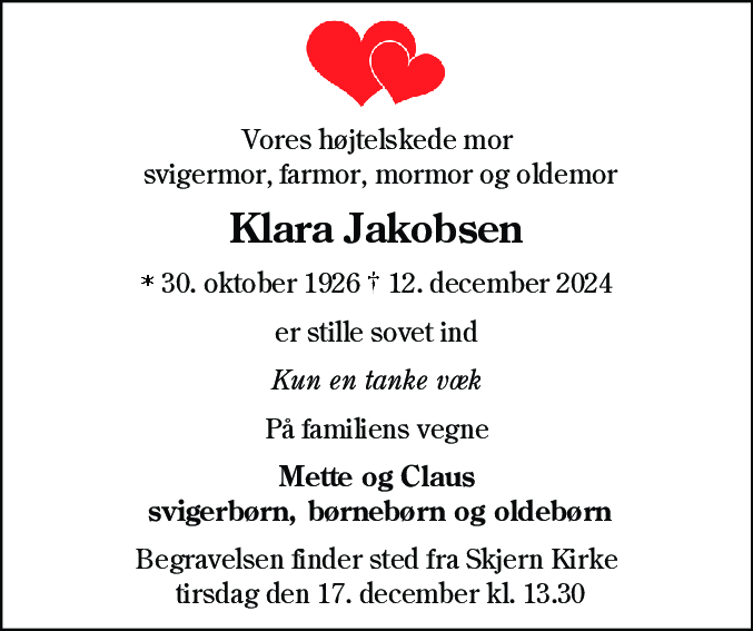 Dødsannonce for Klara Jakobsen