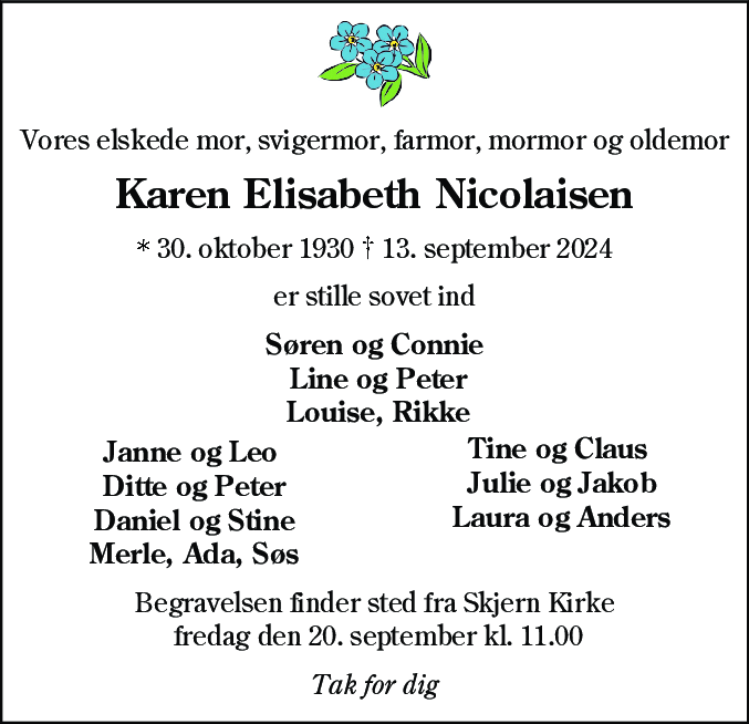 Dødsannonce for Karen Elisabeth Nicolaisen