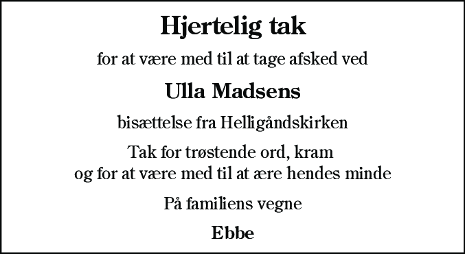Dødsannonce for Ulla Madsen