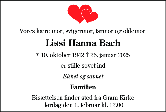 Dødsannonce for Lissi Hanna Bach
