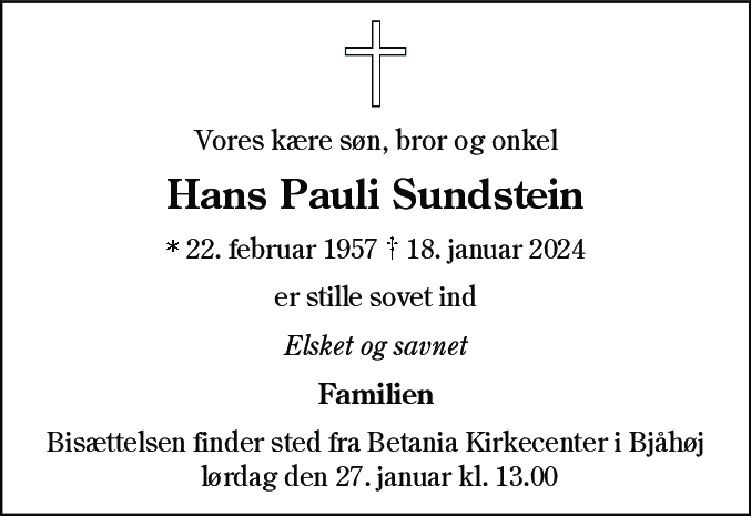 Dødsannonce for Hans Pauli Sundstein