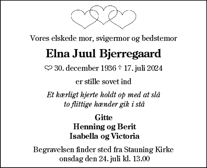 Dødsannonce for Elna Juul Bjerregaard