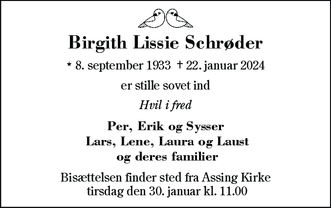 Dødsannonce for Birgith Lissie Schrøder