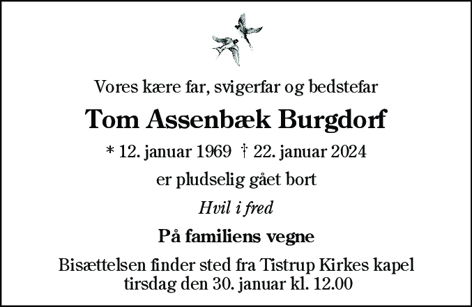 Dødsannonce for Tom Assenbæk Burgdorf
