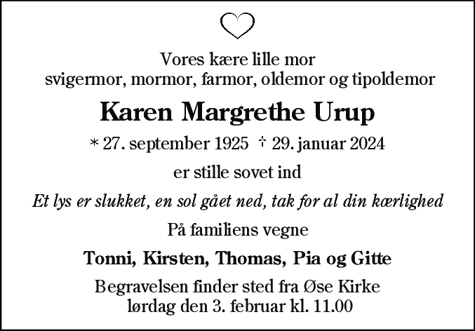Dødsannonce for Karen Margrethe Urup