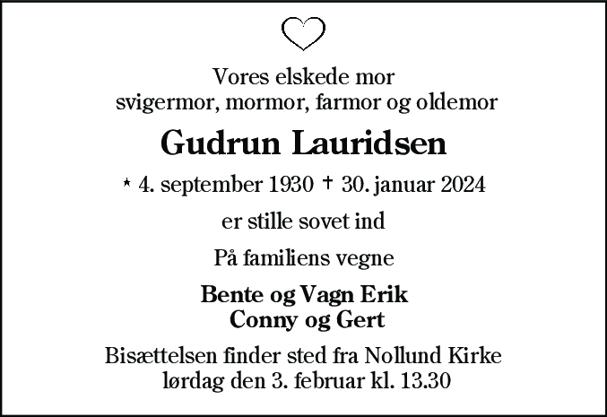 Dødsannonce for Gudrun Lauridsen
