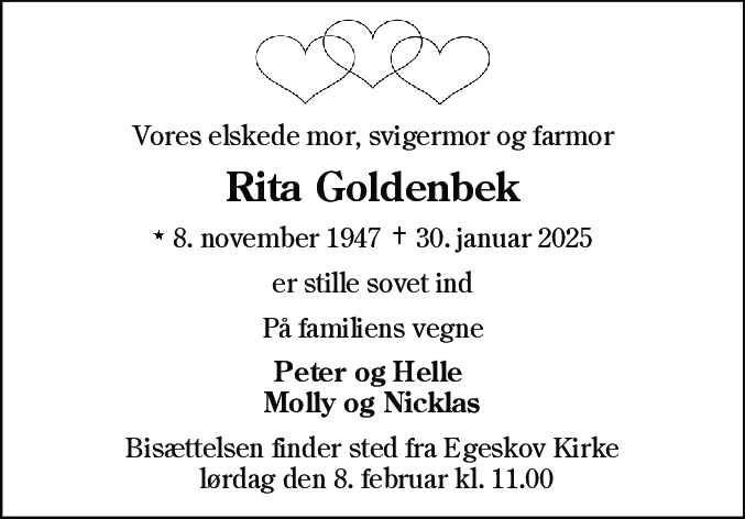 Dødsannonce for Rita Goldenbek