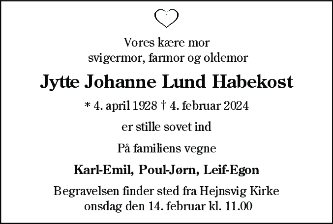 Dødsannonce for Jytte Johanne Lund Habekost