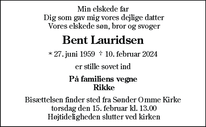 Dødsannonce for Bent Lauridsen