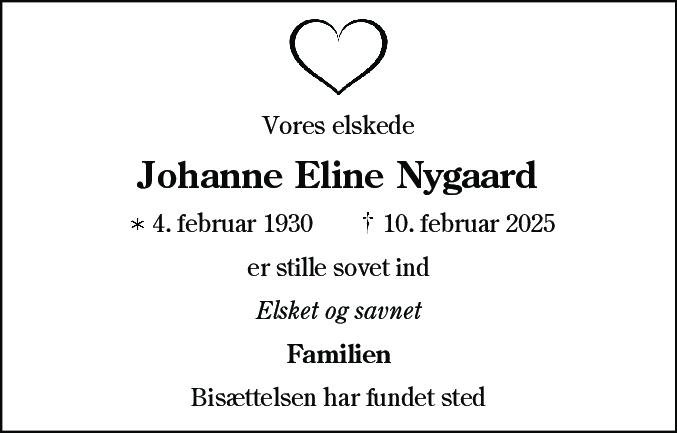 Dødsannonce for Johanne Eline Nygaard