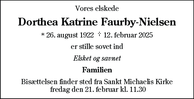 Dødsannonce for Dorthea Katrine Faurby-Nielsen