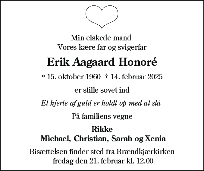 Dødsannonce for Erik Aagaard Honoré