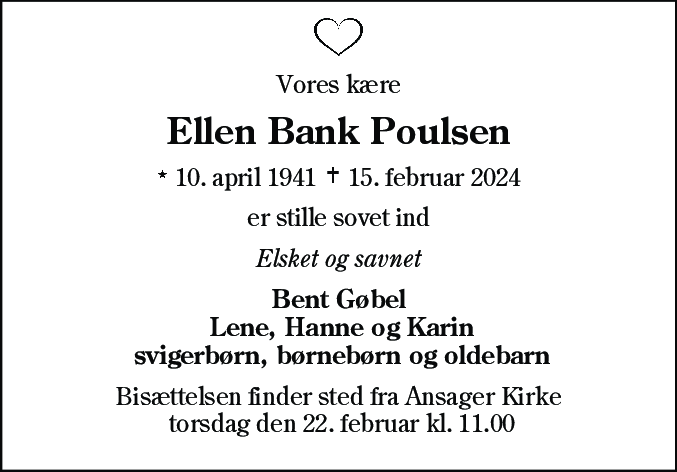 Dødsannonce for Ellen Bank Poulsen