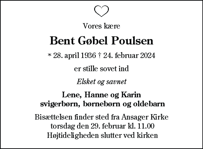 Dødsannonce for Bent Gøbel Poulsen