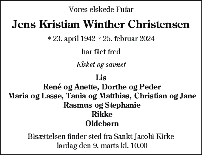 Dødsannonce for Jens Kristian Winther Christensen