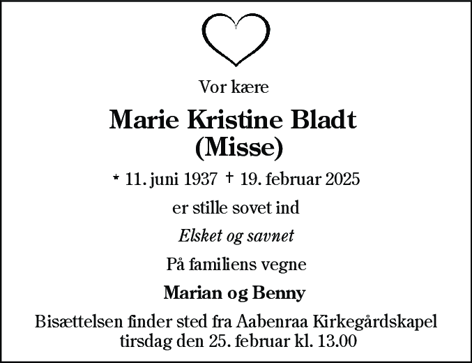 Dødsannonce for Marie Kristine Bladt