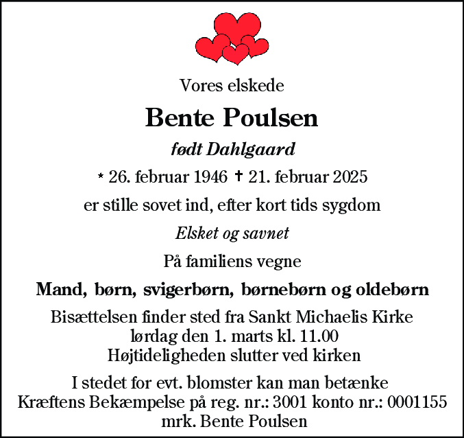 Dødsannonce for Bente Poulsen