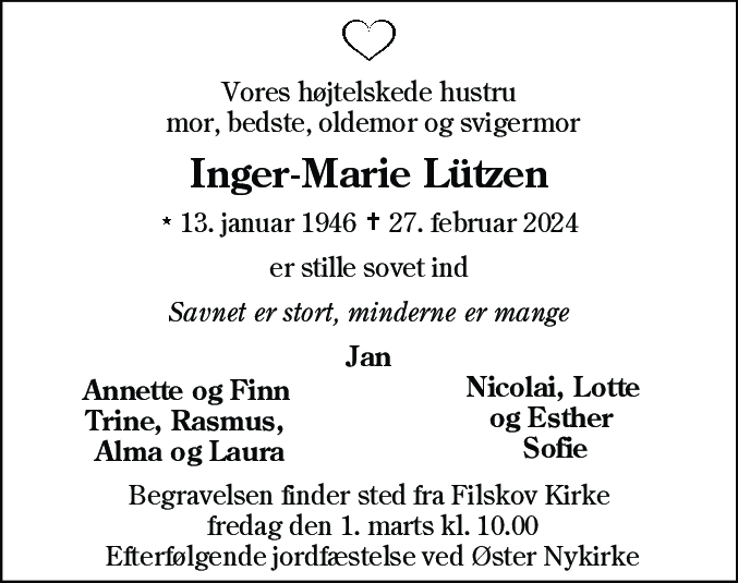 Dødsannonce for Inger-Marie Lützen