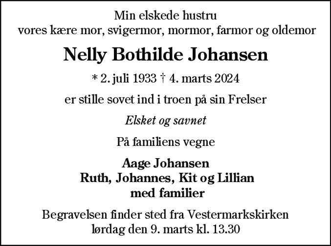 Dødsannonce for Nelly Bothilde Johansen
