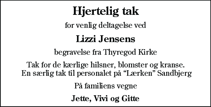 Dødsannonce for Lizzi Jensen