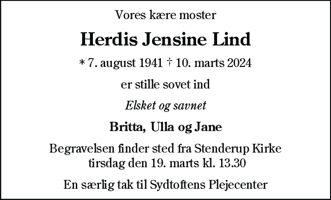 Dødsannonce for Herdis Jensine Lind