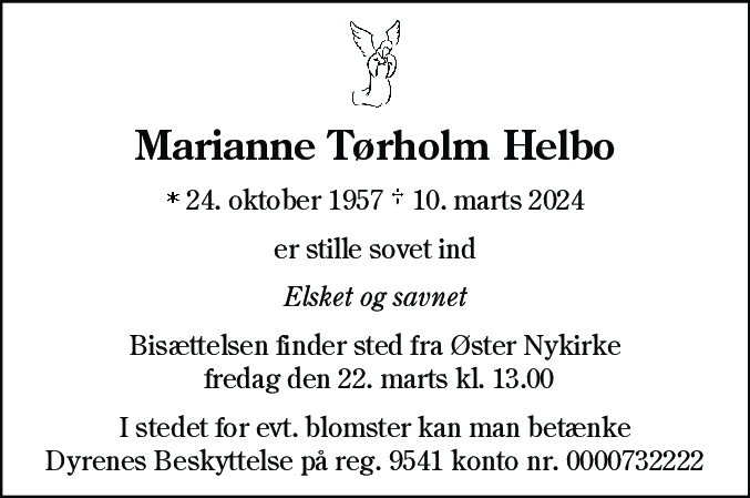 Dødsannonce for Marianne Tørholm Helbo