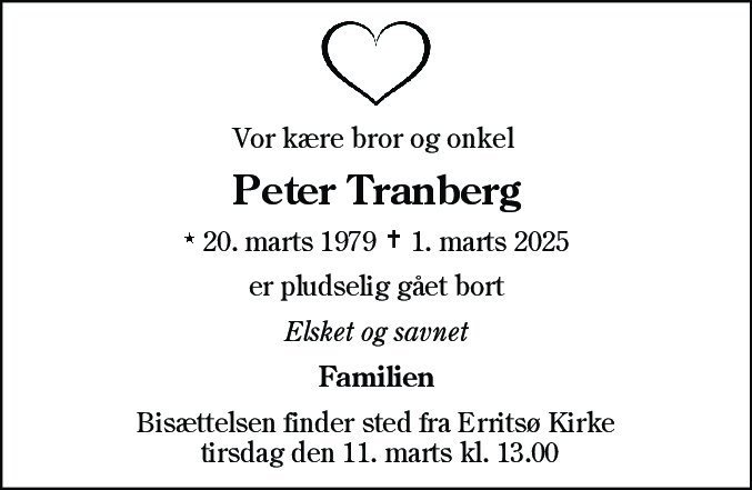 Dødsannonce for Peter Tranberg