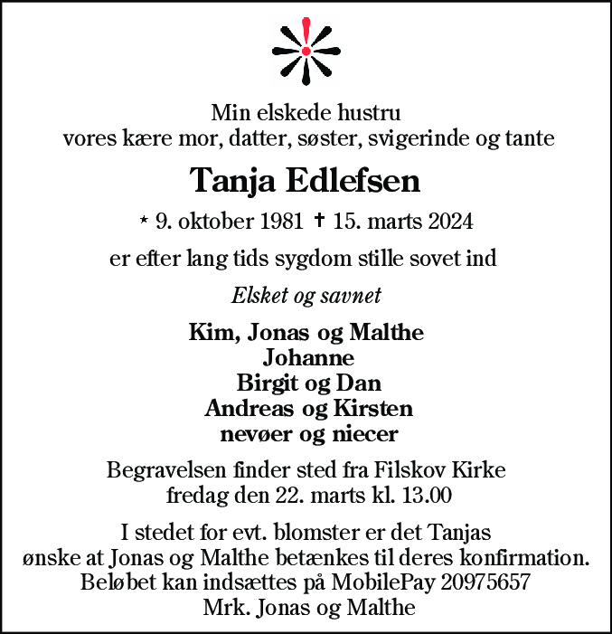 Dødsannonce for Tanja Edlefsen