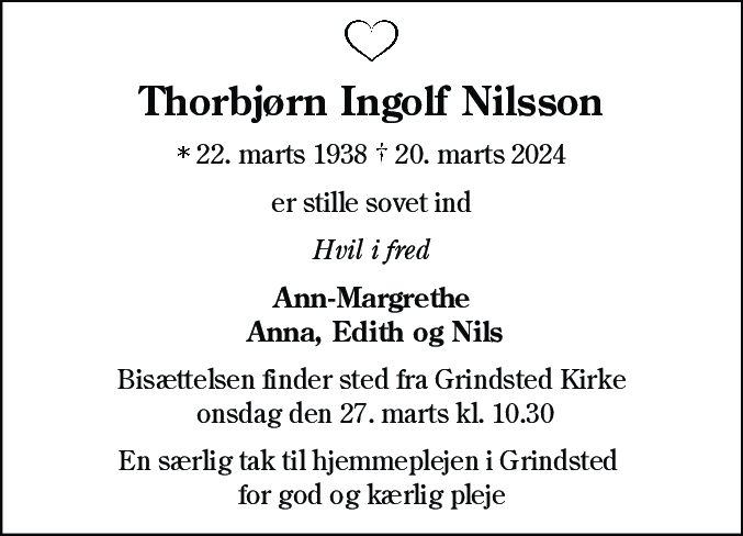 Dødsannonce for Thorbjørn Ingolf Nilsson