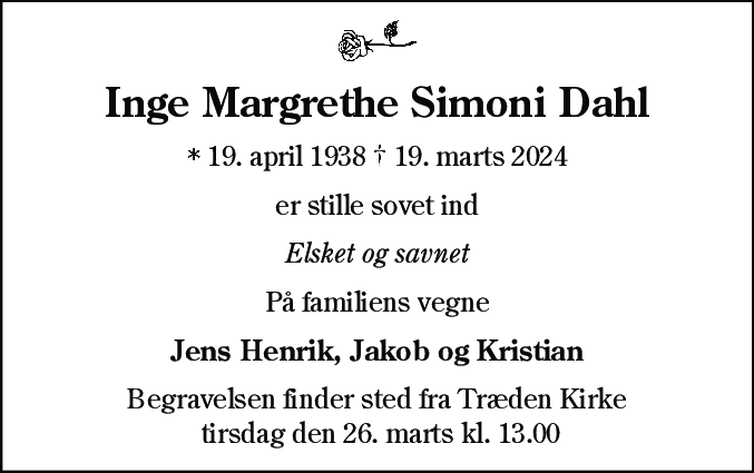 Dødsannonce for Inge Margrethe Simoni Dahl