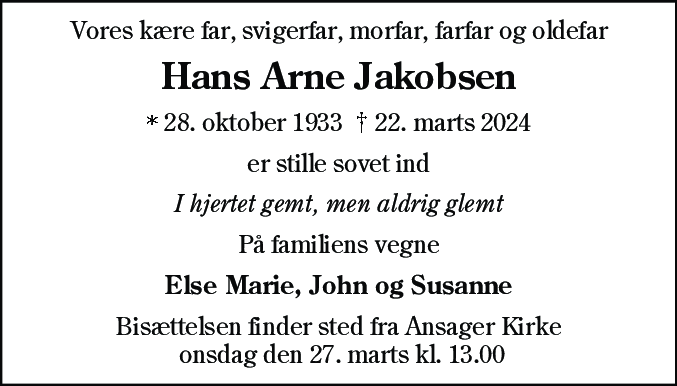 Dødsannonce for Hans Arne Jakobsen