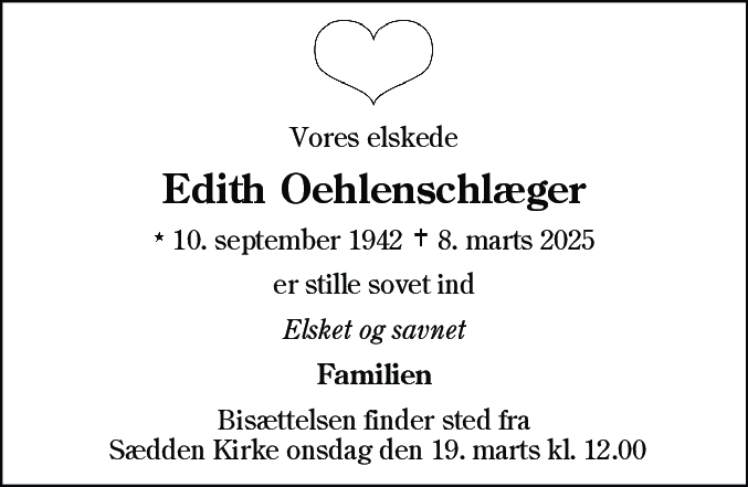 Dødsannonce for Edith Oehlenschlæger