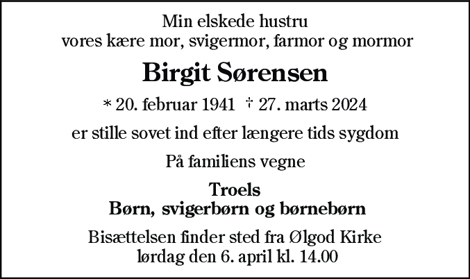 Dødsannonce for Birgit Sørensen