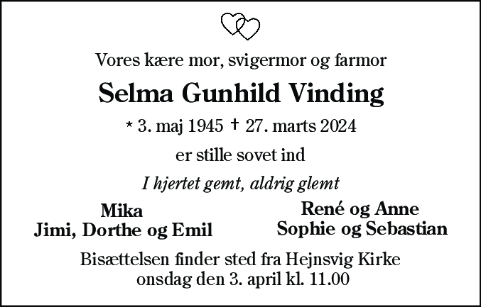 Dødsannonce for Selma Gunhild Vinding