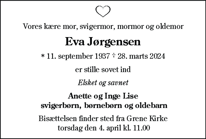 Dødsannonce for Eva Jørgensen