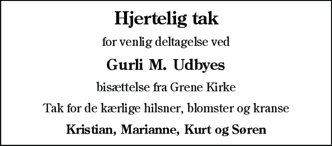 Dødsannonce for Gurli Maren Udbye