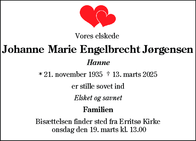 Dødsannonce for Johanne Marie Engelbrecht Jørgensen