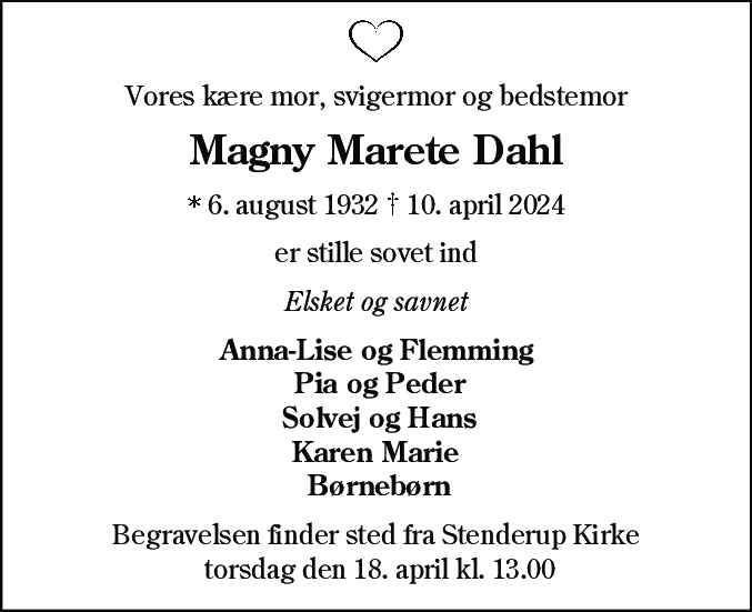 Dødsannonce for Magny Marete Dahl