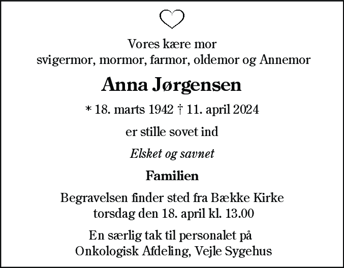 Dødsannonce for Anna Jørgensen