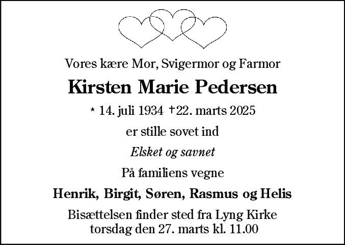Dødsannonce for Kirsten Marie Pedersen