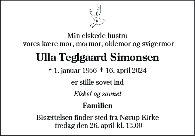 Dødsannonce for Ursula Teglgaard Simonsen