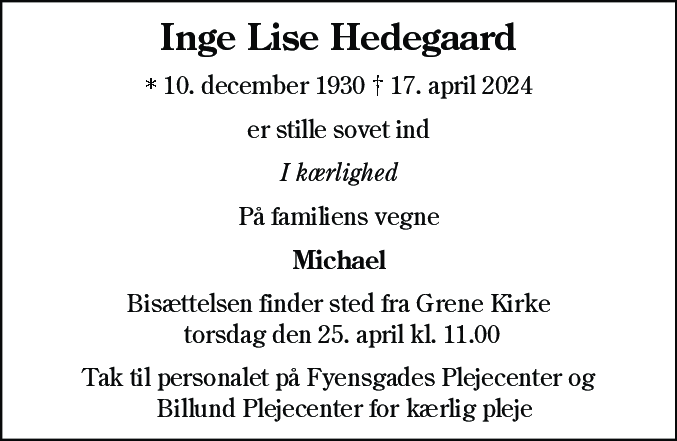 Dødsannonce for Inge Lise Hedegaard
