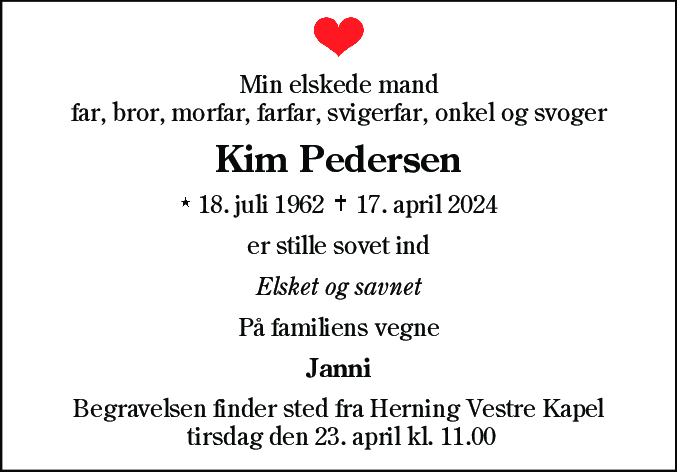 Dødsannonce for Kim Pedersen