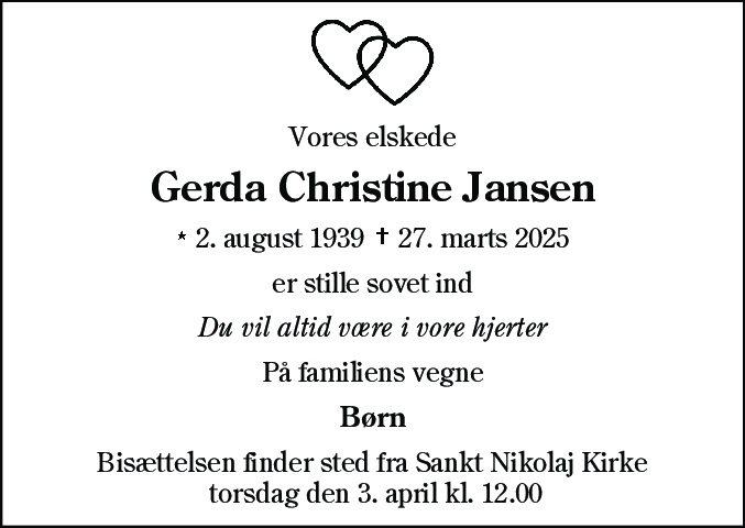 Dødsannonce for Gerda Christine Jansen
